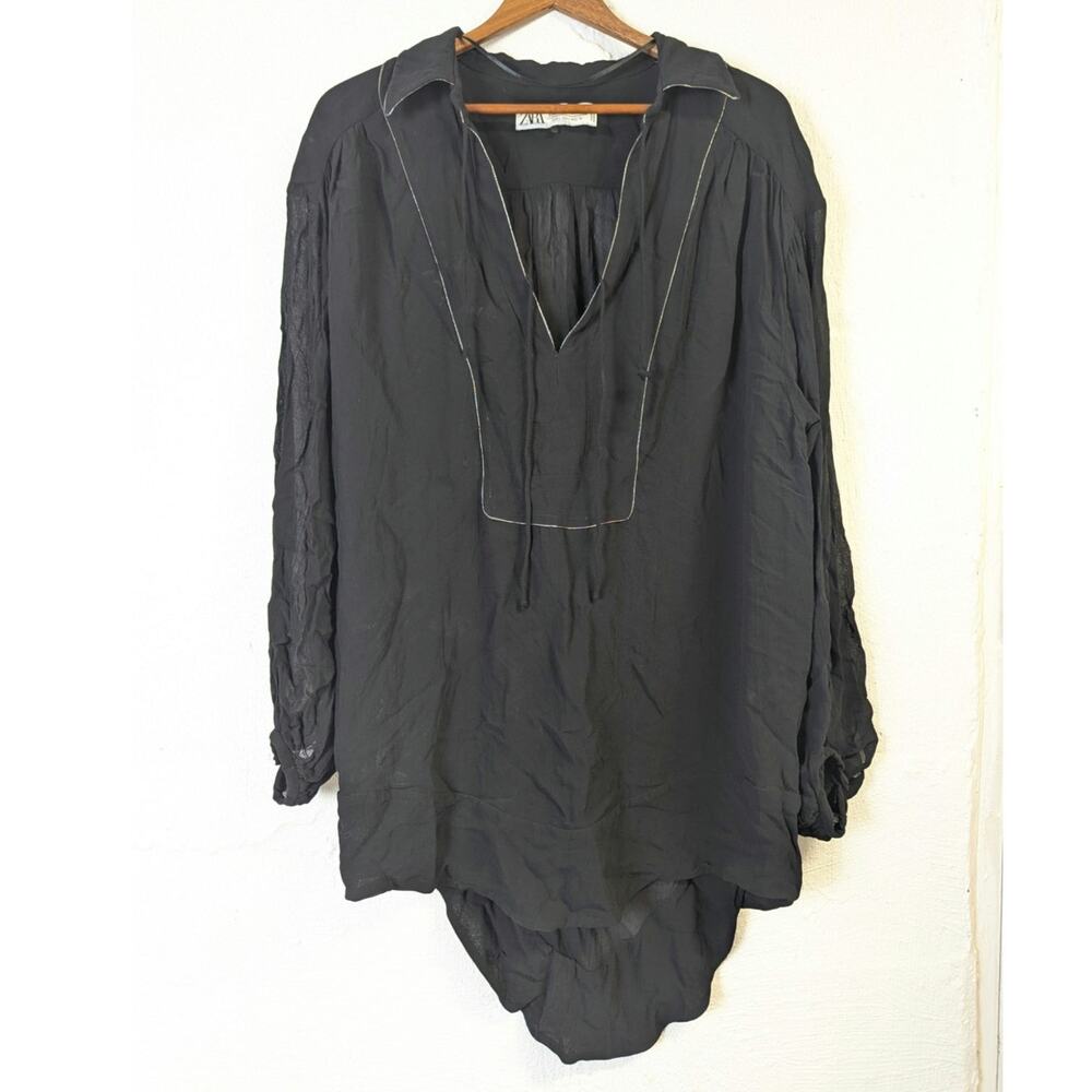 Zara Collection Boho Blouse Black Oversized Sheer Billowy Pirate Womens Large